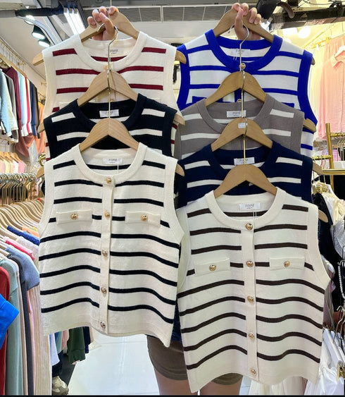 Round Neck Button Down Stripes Sleeveless Sweaters